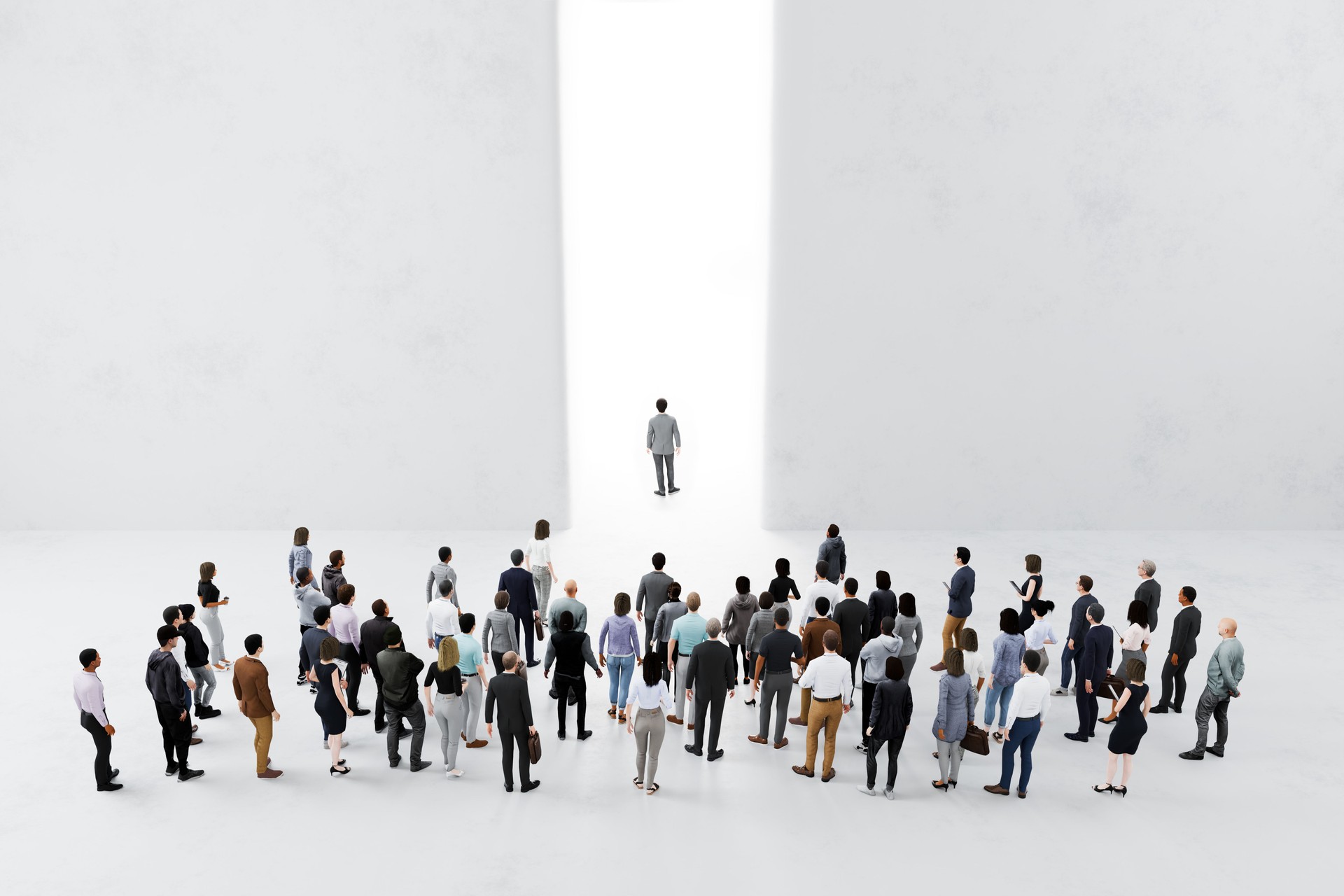 People follow their leader approaching bright light in large wall