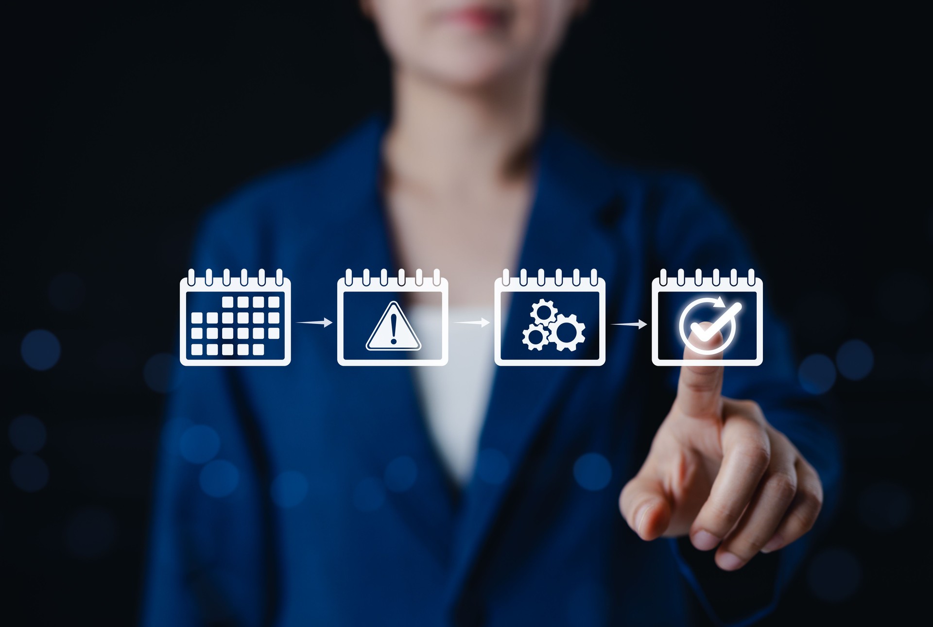 Calendar and task progress management timeline concept. Woman interacts with calendar icons representing task planning, alerts, process steps, and successful completion in project scheduling workflow.